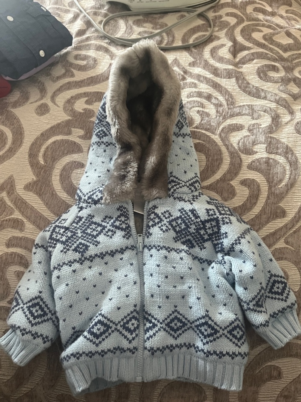 Cozy Hooded Knit Jacket with Faux Fur Trim - Light Blue & Navy